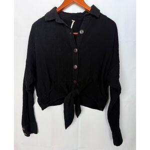 Free People Medium Black Cotton Gauze Cropped Tie Front Shirt Boho Coastal Witch
